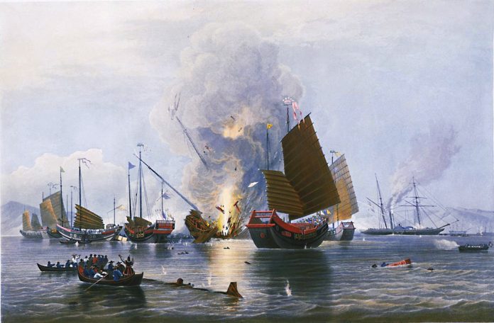 Juncos chineses sob bombardeio britânico durante a Guerra do Ópio, por E._Duncan_(1843)